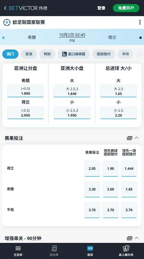 希腊vs荷兰，欧国联赔率(伟德BetVictor)