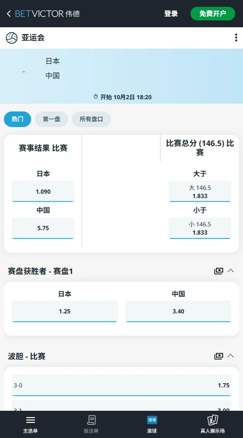 中国男排vs日本，亚运会排球赔率(必威Betway)
