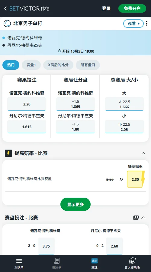 德约科维奇vs梅德韦杰夫 - 中网男单赔率信息(伟德BetVictor)