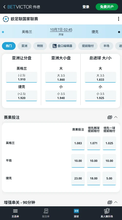 英格兰vs捷克,欧国联赔率(伟德BetVictor)