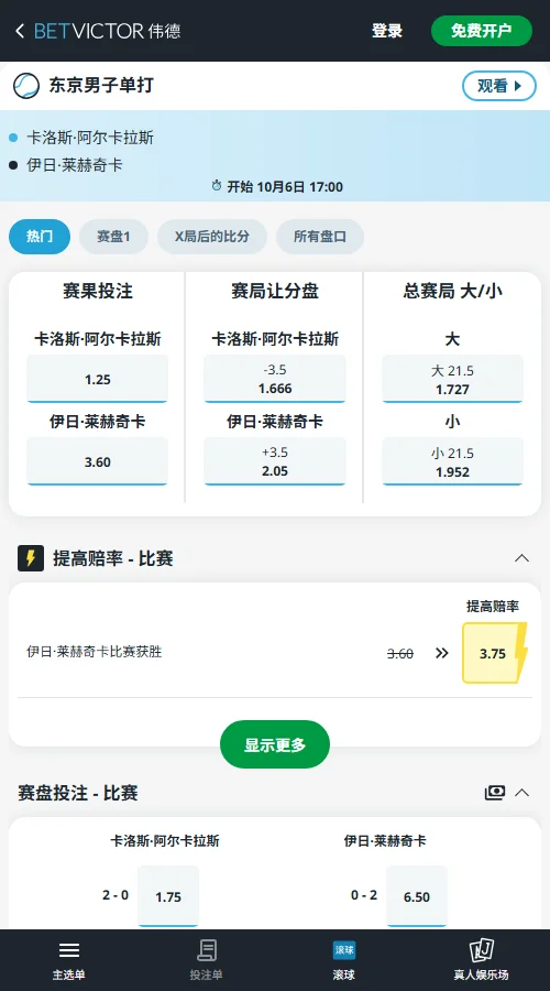 阿尔卡拉斯vs莱赫奇卡 - ATP东京站赔率信息(伟德BetVictor)